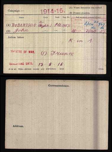 John R Robertson Medal Index Card