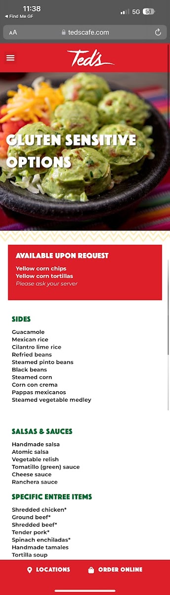 Gluten sensitive menu from their website