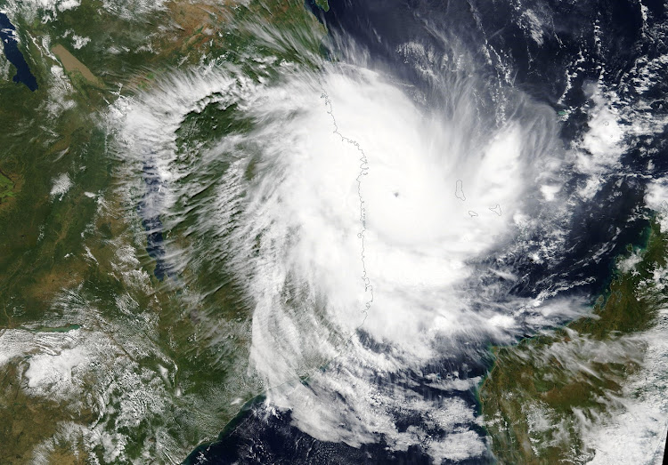 Tropical Cyclone Kenneth approaches the coast of Mozambique in this April 25 2019 handout satellite image.