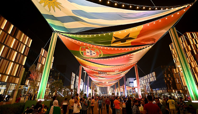 Football fans gather at the Lusail Boulevard fan area in Doha ahead of the Fifa World Cup Qatar 2022 on November 19 2022.