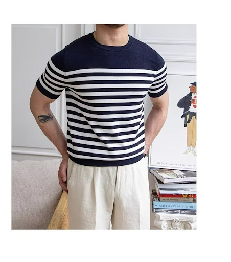 Title 7, Trendy All-matching Striped T-shirt Mens Short...