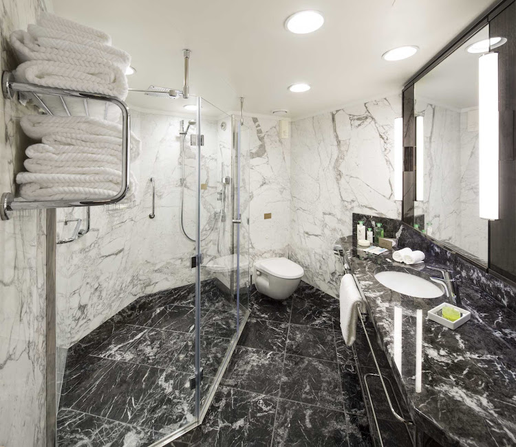 The elegant bathroom of Vista and Owner's suites on Oceania's Sirena.