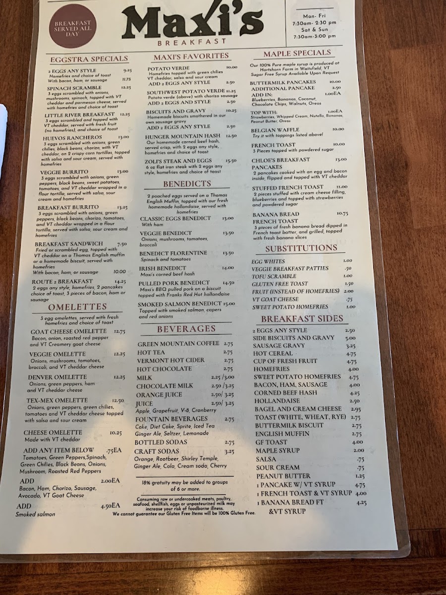 Maxi's Restaurant gluten-free menu