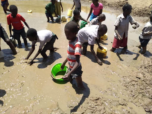 children scramble for muddy water at the drying up Lodengo pan dam in Tiaty, Baringo County on Thursday. /JOSEPH KANGOGO