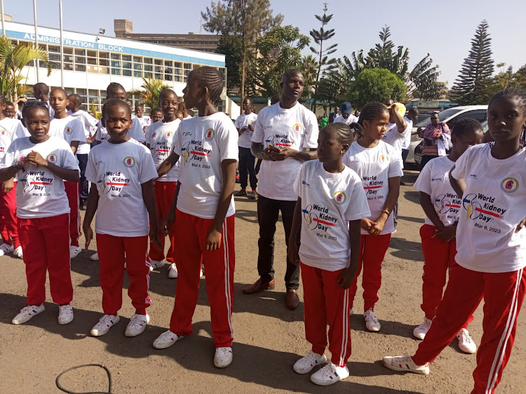 Participants get ready for a World Kidney Day awareness walk at KNH on March 9, 2023.