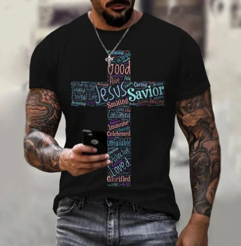 Casual Fashion Round Neck Retro Cross Print T-shirt