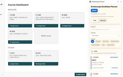 Gradescope DueDates Planner screenshot 2