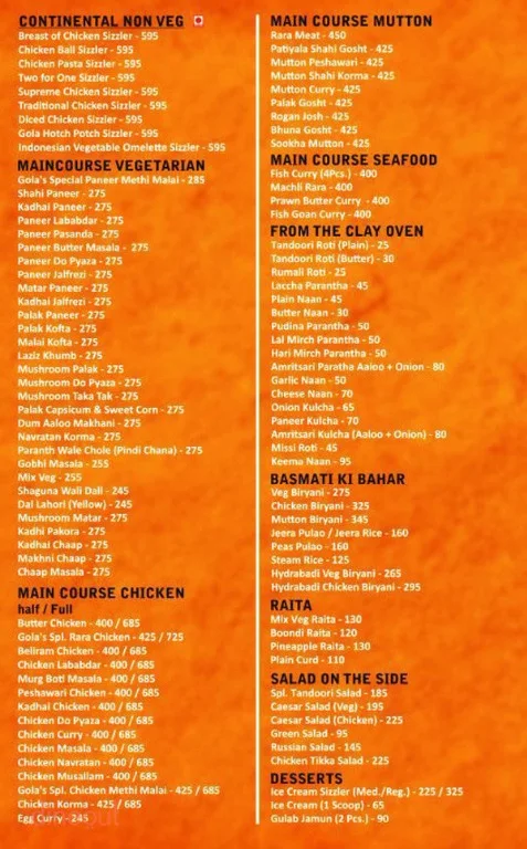 Gola Sizzlers menu 