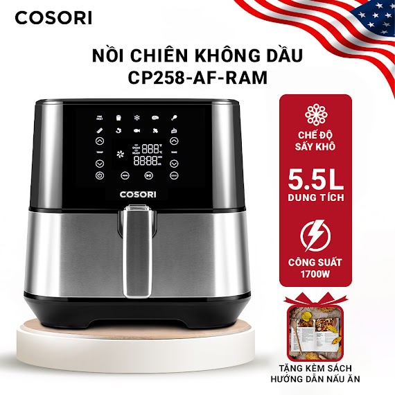 Nồi Chiên Không Dầu Điện Tử Cosori Cp258 - Af - Ram 5.5L Vỏ Thép Với Chức Năng Sấy Khô, Màn Hình Cảm Ứng - Chính Hãng