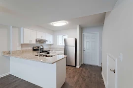 Kitchen with white cabinets, large peninsula, stainless steel appliances, and dark wood inspired flooring