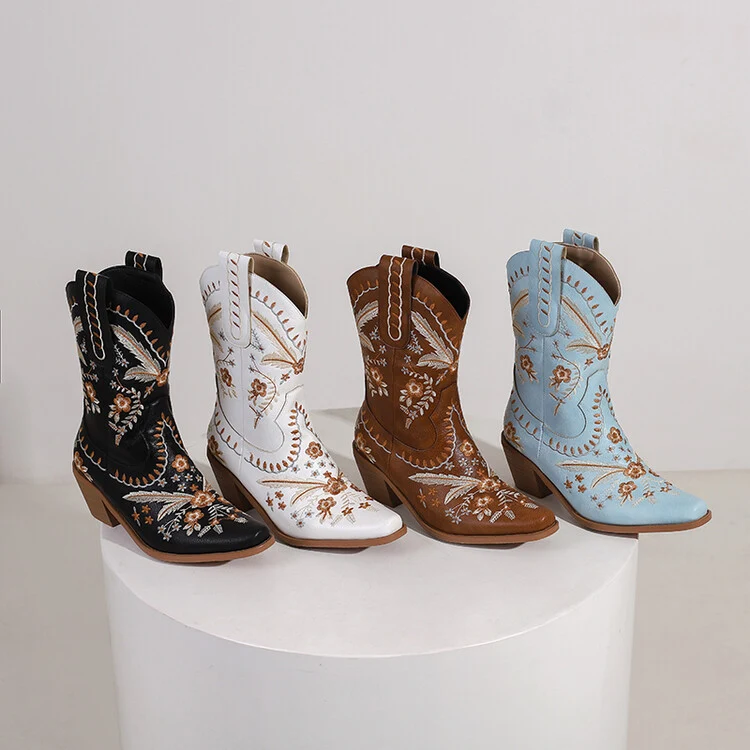 Title 7, Western geborduurde denim retro vierkante neus ...