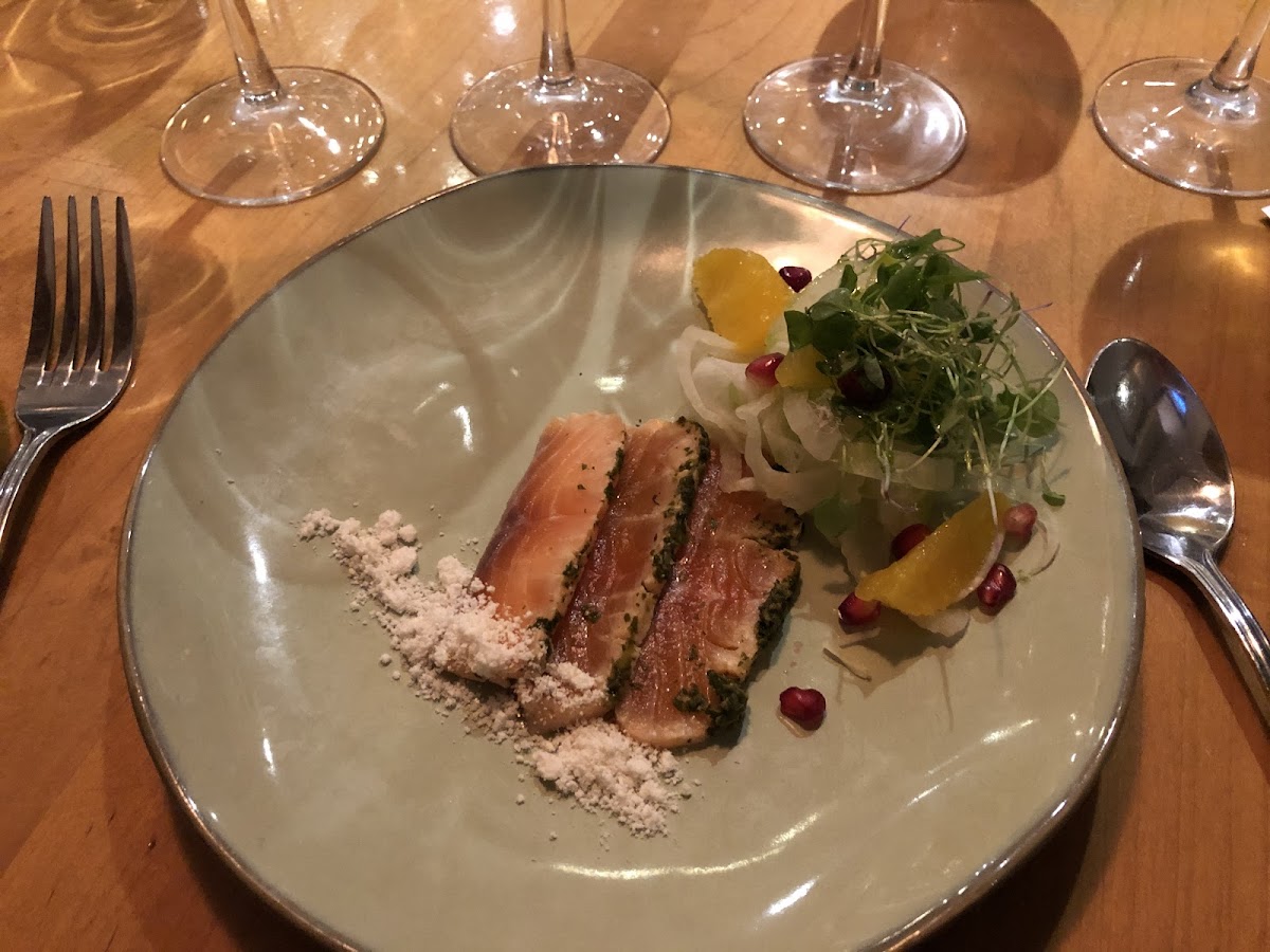 Salmon crudo with orange slices, shaved radish and fennel