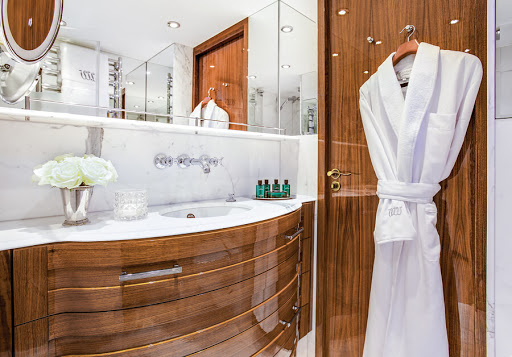 A peek inside a stateroom bathroom aboard Uniworld's Joie de Vivre. 