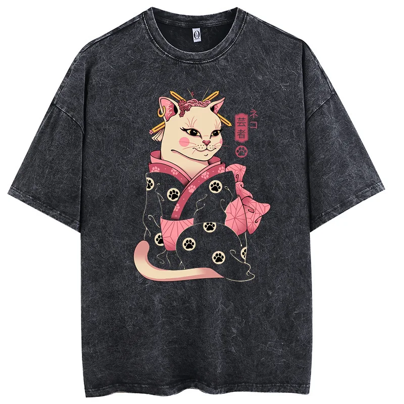 Yunren Kitten Washed And Worn Kurzarm-Shirt aus reiner Baumwolle, für einen entspannten, stilvollen Look und hohen Tragekomfort.