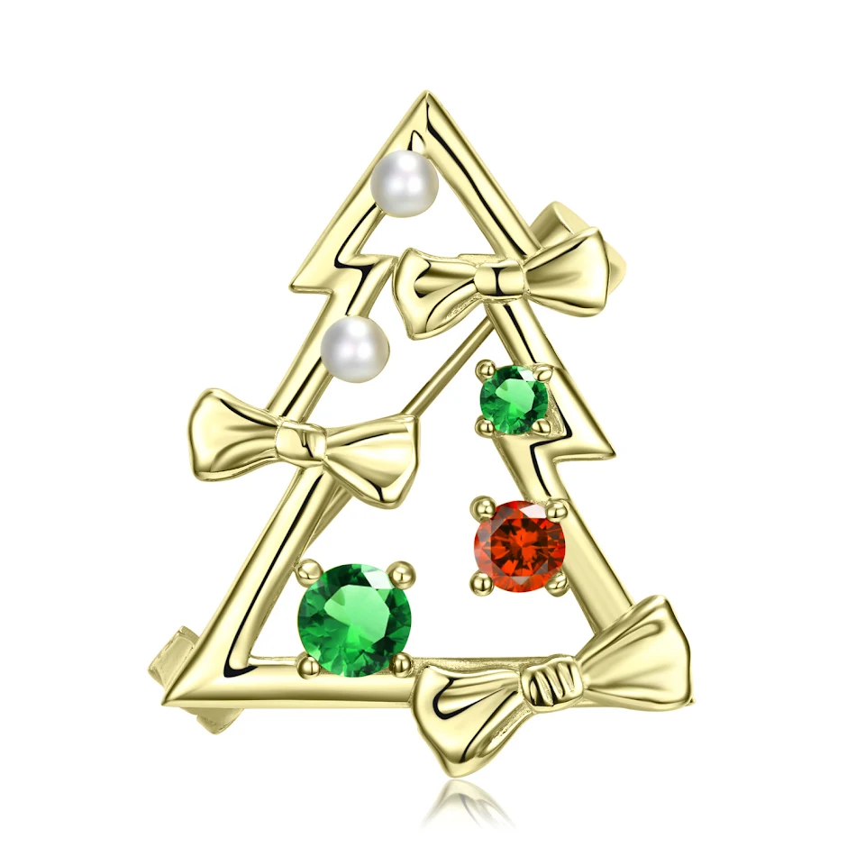 Broche de Árvore de Natal Prata S925 Banhado a Ouro Presente de Natal Moderno e Elegante Joia Feminina e Brilhante