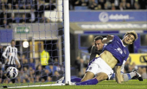 NOT SPOTTED: Everton's Nikica Jelavic collides with the post after scoring a disallowed goal against Newcastle United on Monday.Photo: Reuters