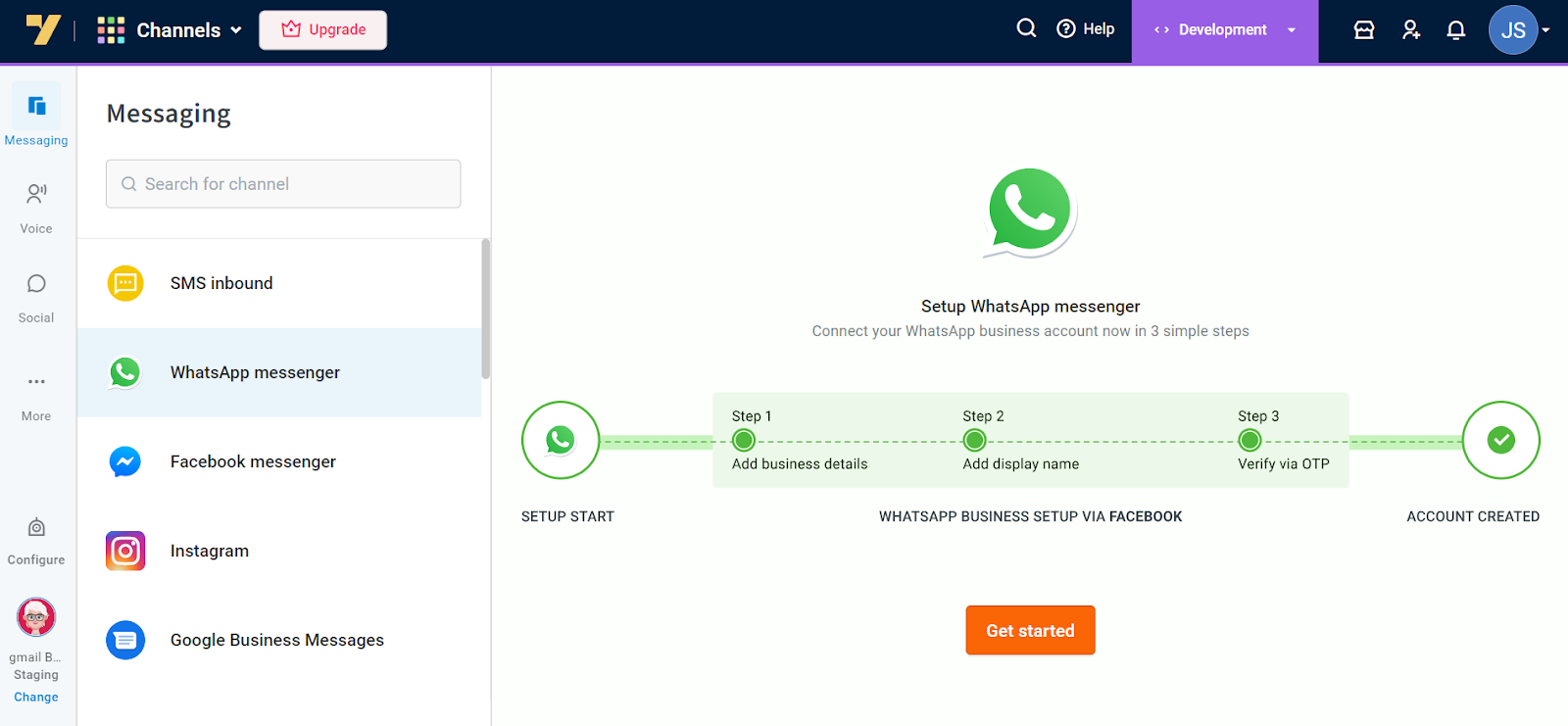 Bulk WhatsApp Sender | yellow.ai dashboard showing multiple channels in the left pane with WhatsApp channel selected