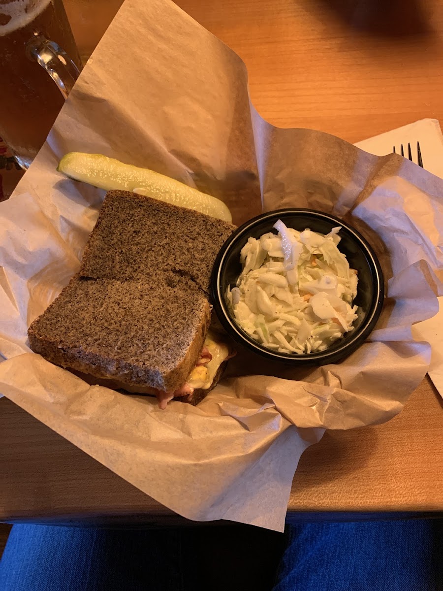 GF rice bread with corned beef and slaw.