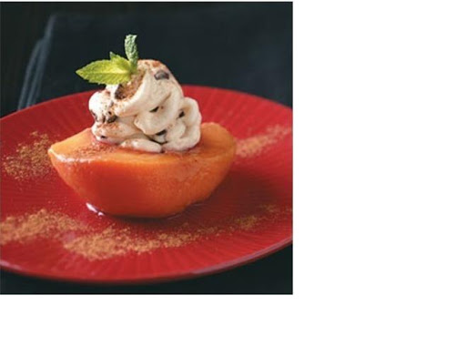 Simple poached peach with a cream cheese filling.