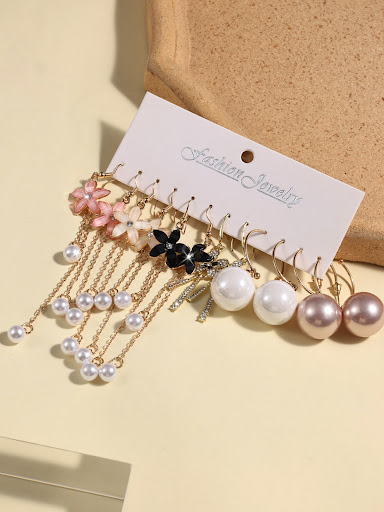 Title 1, 6 Pairs of Long Pearl Earrings with Crystal Flo...