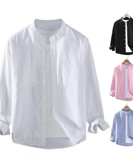 Men White Solid Vintage Shirts 2023 Mens Harajuku Fashion... - 2