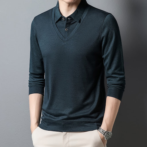 Title 3, Mens Long Sleeve T-shirt Lapel Top for Middle-...