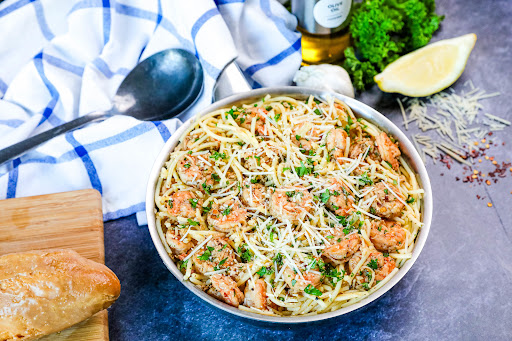 Blue Ribbon Garlic Shrimp Scampi and Pasta ready to serve.