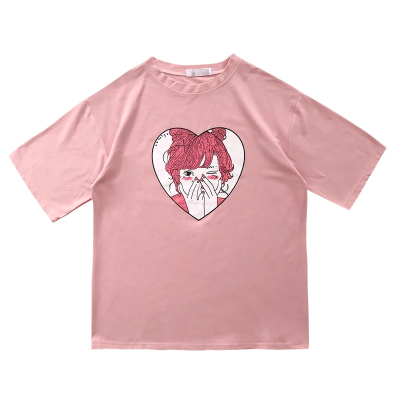 T-shirt estivo con stampa ragazza cartoon, girocollo, slim e stile casual da donna. Perfetto per un look fresco e alla moda durante l'estate.