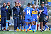 The Cape Town City FC bench react during a CAF Confederation Cup match against Moambican club Costo do Sol on Sunday March 18 2018. 
