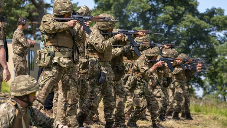 New recruits to the Ukranian army being trained by UK armed forces personnel at a military base near Manchester