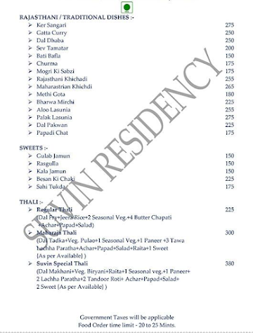 Hotel Suvin Residency menu 