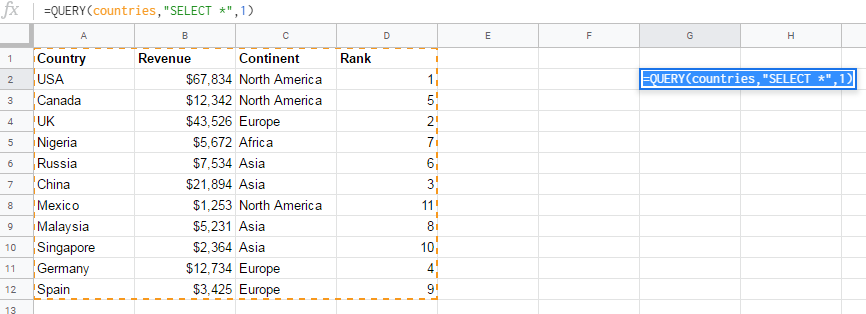 Google Sheets SQL: query result