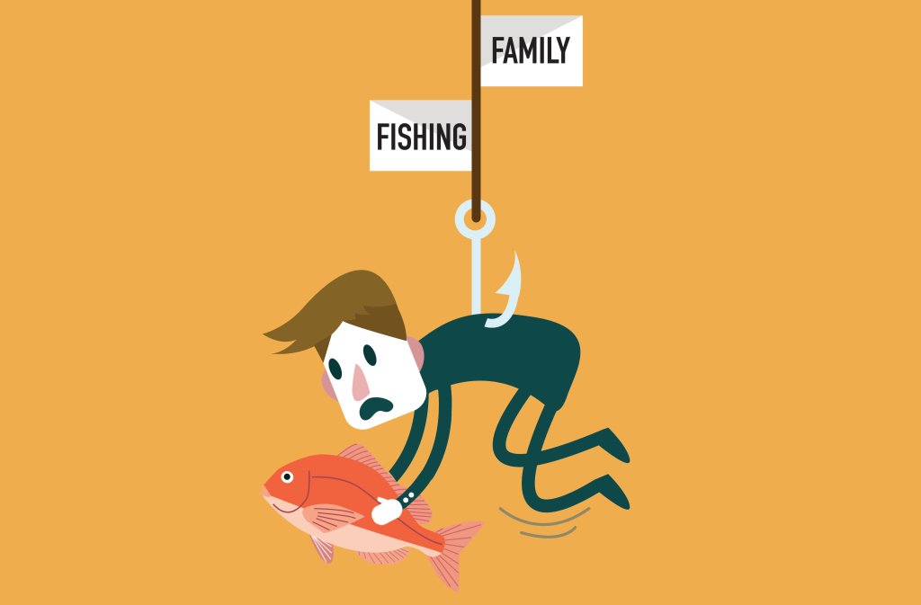 A cartoon of a man holding a fish while hooked with a line stating"fishing" and "family"