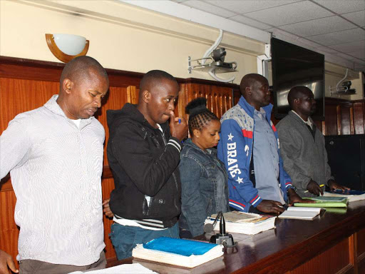 Suspects in the murder of lawyer Willie Kimani, his client and a taxi driver, Peter Ngugi, Leonard Mwangi, Sylvia Wanjiku, Stephen Chebulet and Fredrick Leliman in a Milimani court.