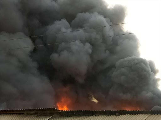 A section of Uhuru Market along Jogoo Road in Nairobi goes up in flames on the evening of July 23, 2018. /COURTESY