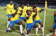 Peter Shalulile celebrates a goal with his teammates during Mamelodi Sundowns' DStv Premiership match against Royal AM at Loftus Versfeld on March 14 2023. Downs won 5-1 to go to 17 league matches unbeaten.