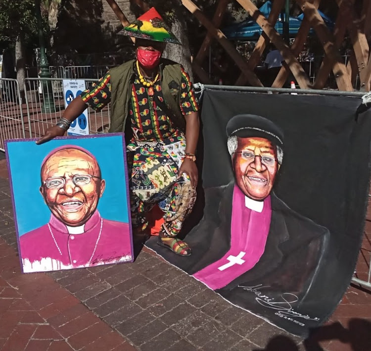 Artist Lebani Sirenje, famously known as Rasta, displayed paintings of the late archbishop emeritus Desmond Tutu outside the St George's Cathedral.