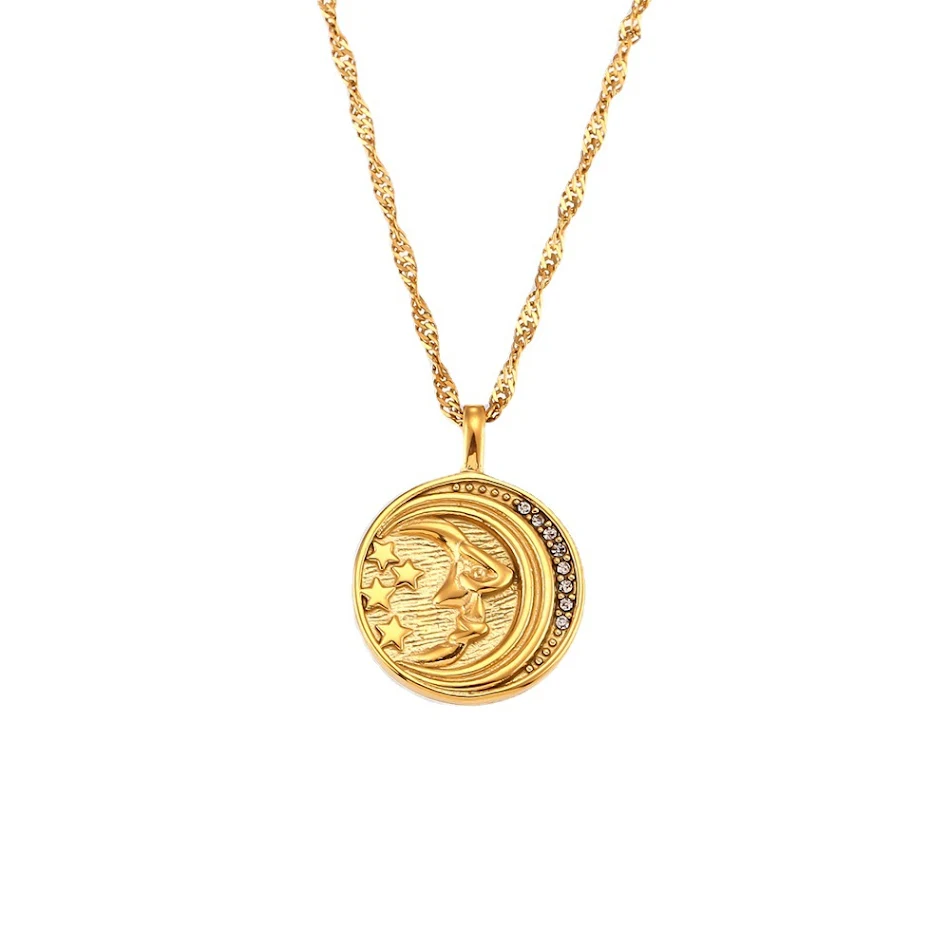 Italiaanse dubbelzijdige Maan-Planeet munt ketting. Draag de mystiek van het heelal met dit unieke, stijlvolle sieraad. Perfect cadeau.