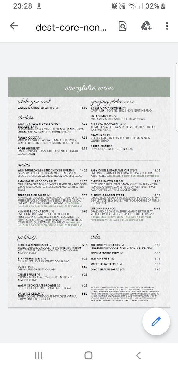 Robin Hood gluten-free menu