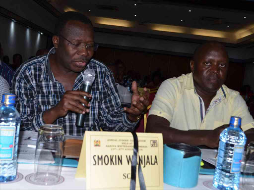 Judge Smokin Wanjala with judge Oscar Angote at white sands hotel in Mombasa during the judges conference./FILE