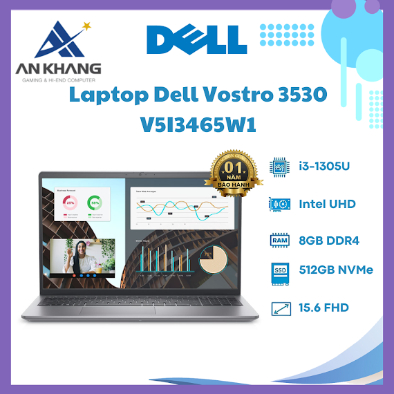 Laptop Dell Vostro 3530 V5I3465W1 (Core I3 1305U/ 8Gb/ 512Gb Ssd/ Intel Uhd Graphics/ 15.6Inch Full Hd/ Windows 11 Home + Office Student/ Grey/ Vỏ Nhựa/ 1 Year) - Hàng Chính Hãng