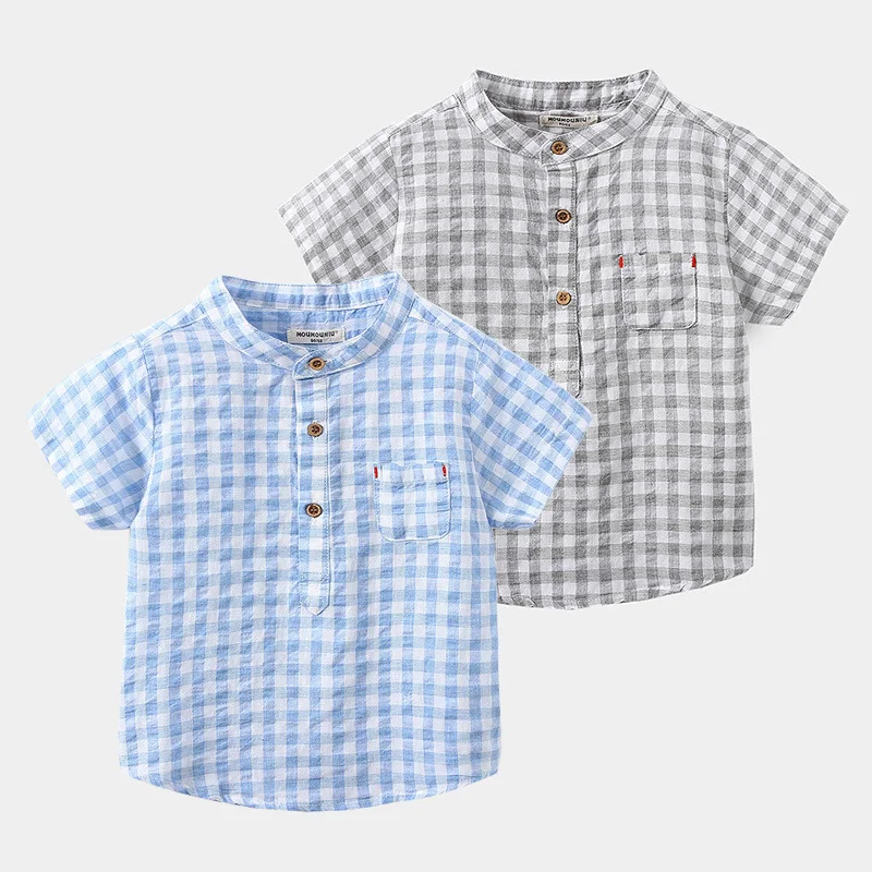 Children's cotton blue short-sleeved plaid shirt, a fashionable and casual everyday wear option, comfortable and breatha