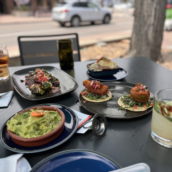 Guacamole, Brussels sprouts, fingerling potatoes, avocado tempura tacos, cider, jalapeno margarita