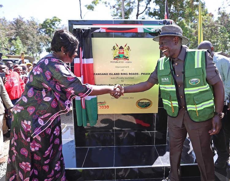 President William Ruto and Homa Bay Governor Gladys Wanga at Rusinga Island, Homa. Bay on October 7,2023