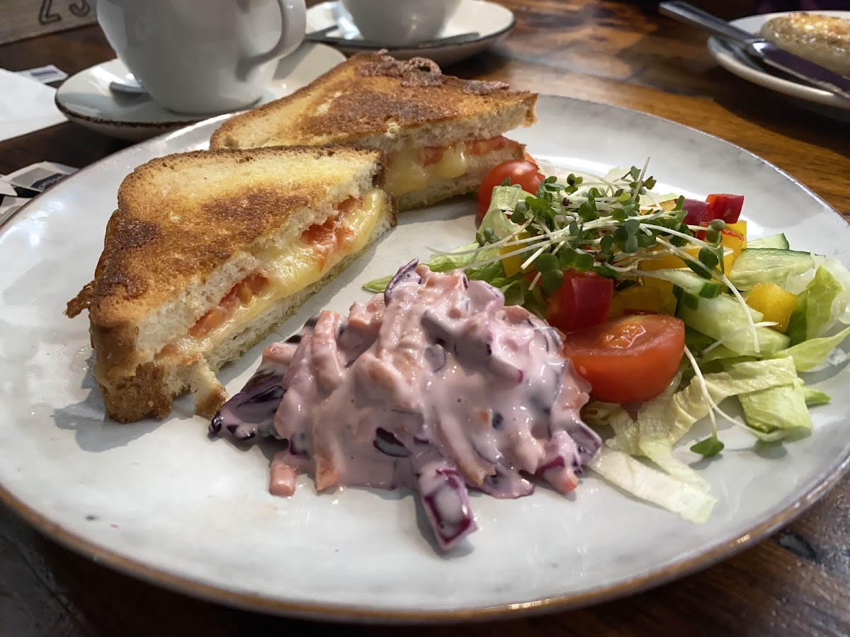 Gluten free cheese and tomato toastie with a lovely side salad and coleslaw