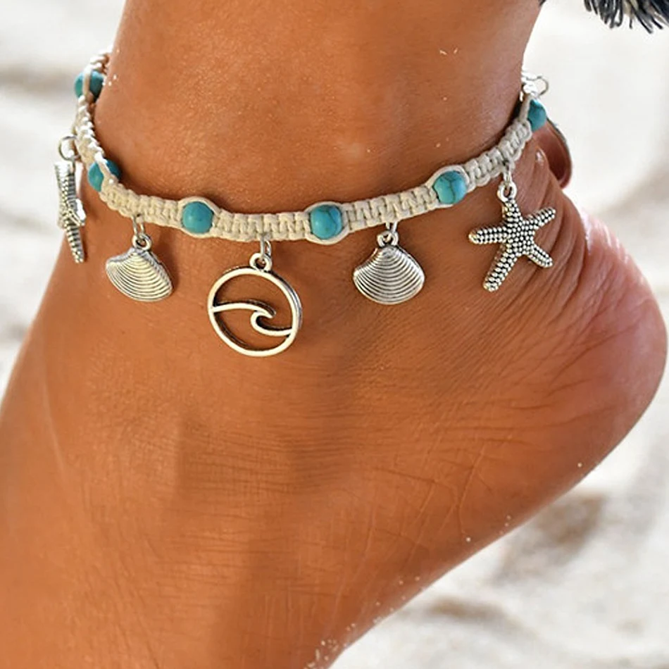Tobillera Starfish Beach para mujer, conchas HAILANG, ideal para tejer a mano en pies y tobillos, aporta estilo bohemio y playa.