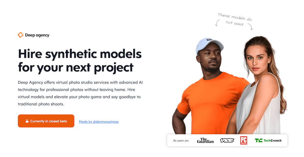 Deep agency synthetic models homepage screenshot