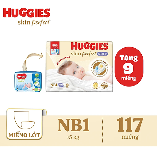 Miếng lót sơ sinh Huggies Skin Perfect Newborn NB1 108 miếng + Tặng 9 miếng NB1