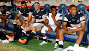 Sharks players on the bench during the Carling Currie Cup match against the Pumas at Hollywoodbets Kings Park on May 06.