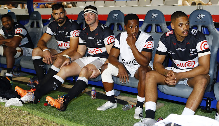 Sharks players on the bench during the Carling Currie Cup match against the Pumas at Hollywoodbets Kings Park on May 06.